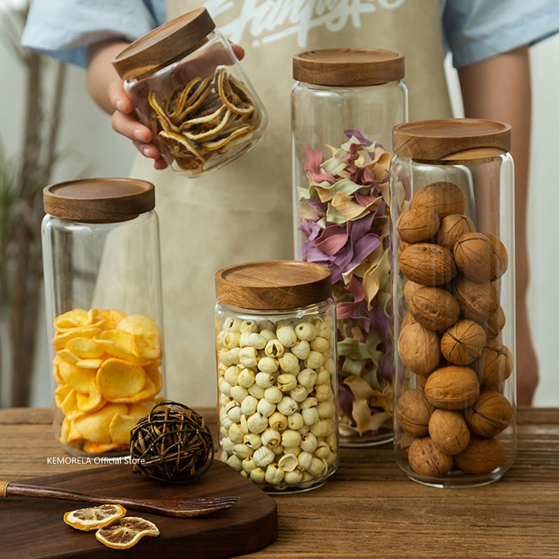 Food Storage Glass Jar - Ahşap Kapaklı Cam Hava Geçirmez Teneke