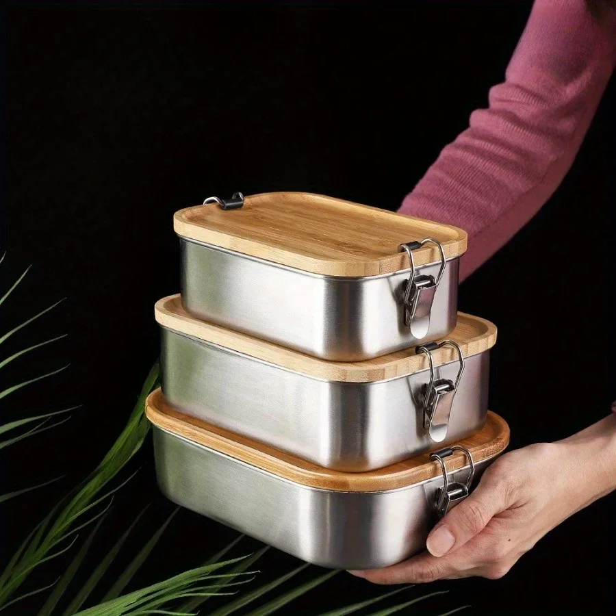 Food Storage Square Containers - Yeni 304 Paslanmaz Çelik Bambu Kapaklı