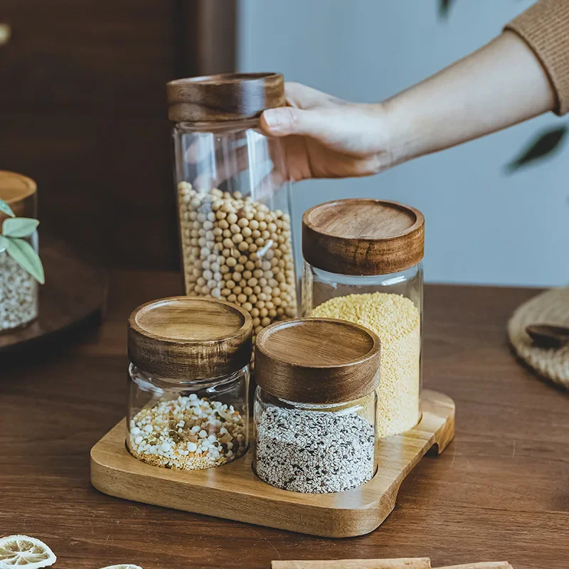Food Storage Glass Jar - Ahşap kapak Orgnizer cam hava geçirmez
